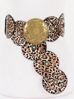 BNWT Leopard Print Hammered Studs Faux Leather Statement Western Belt Boho Belt